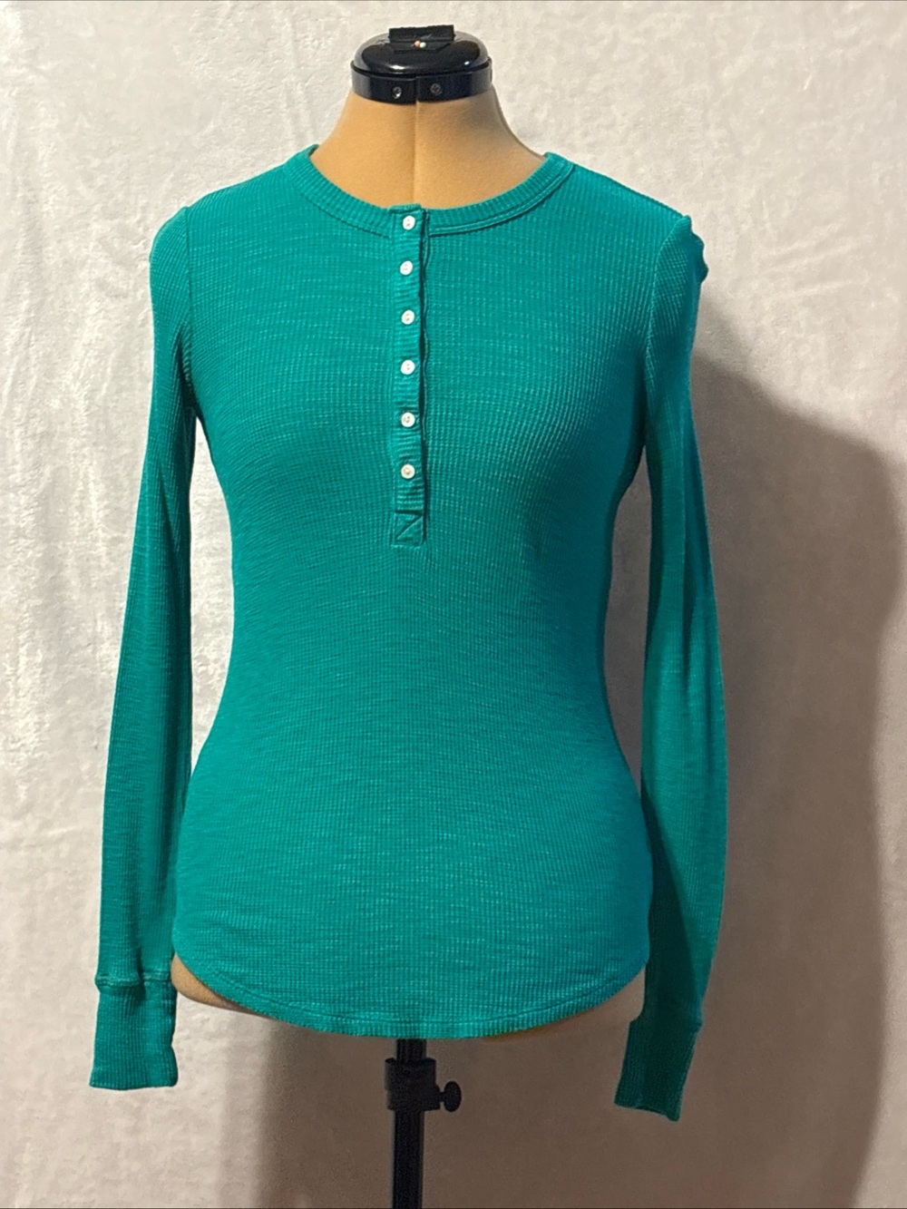 aerie Teal Ribbed Henley Long Sleeve Top